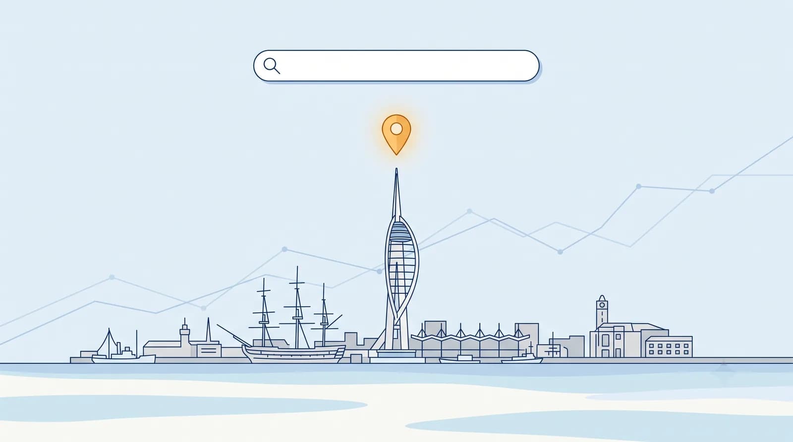 Illustrated Portsmouth harbour skyline with the Spinnaker Tower and a local search map pin