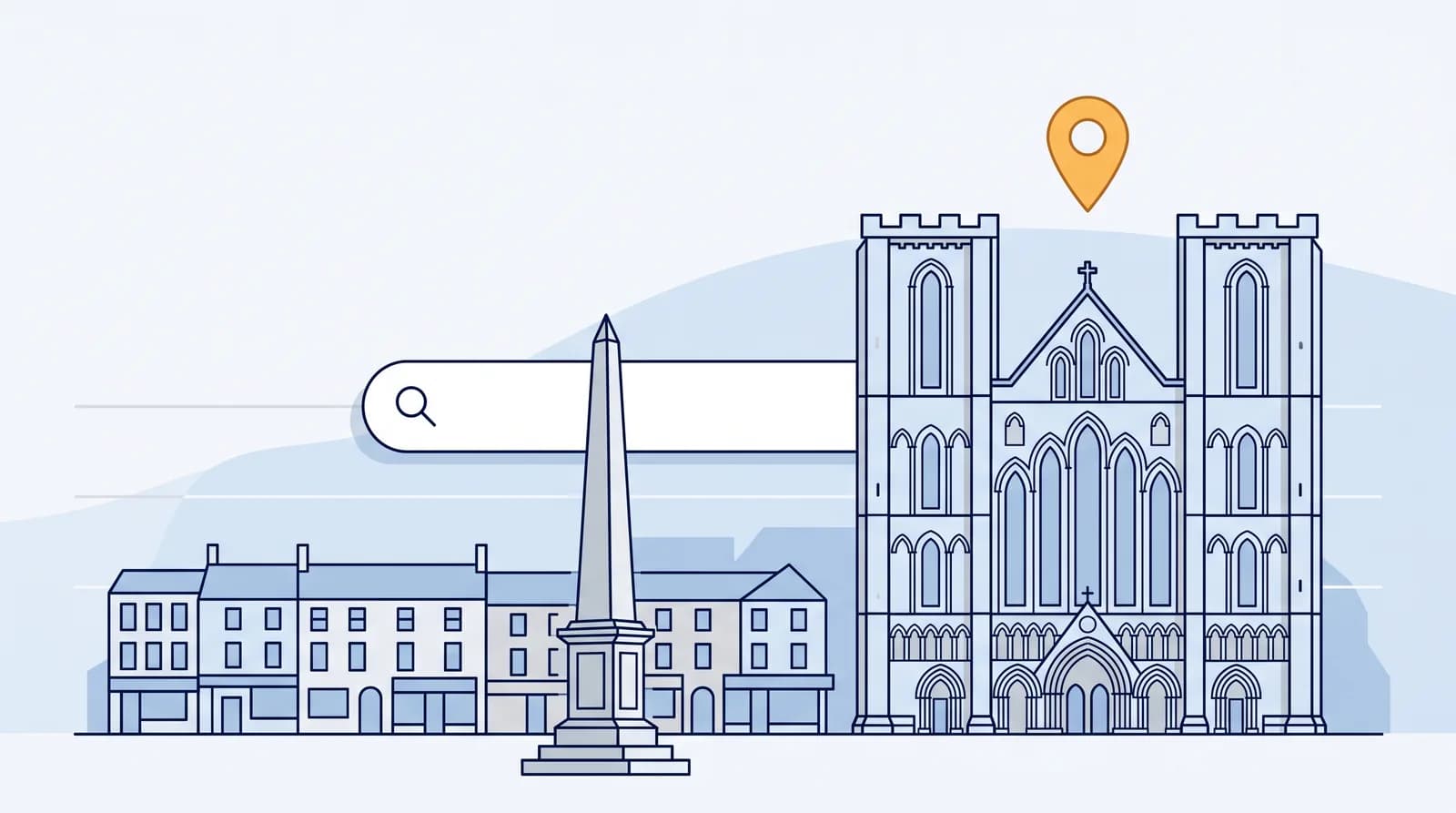 Illustrated Ripon Cathedral skyline with a local search map pin