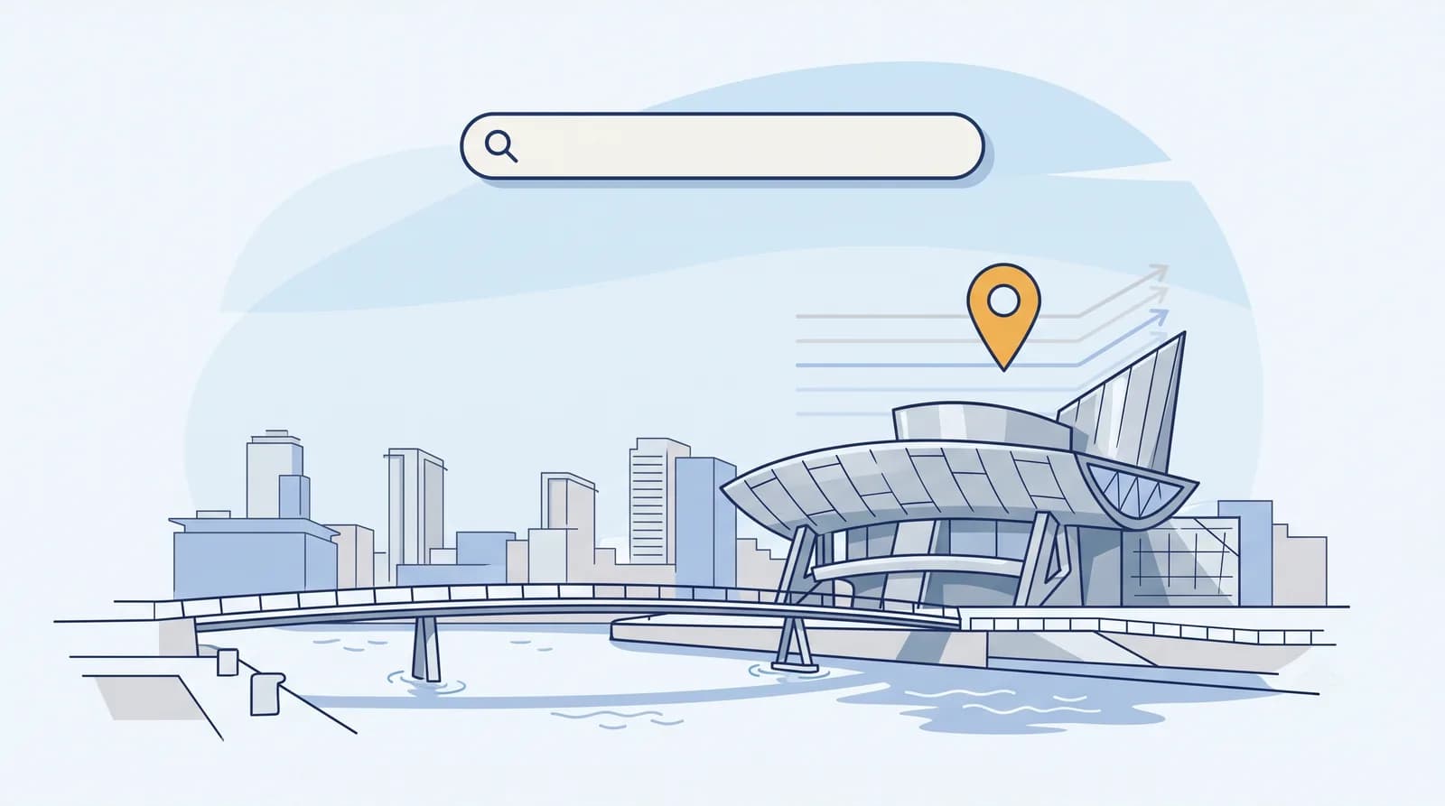 Illustrated Salford Quays skyline with The Lowry and local search map pin