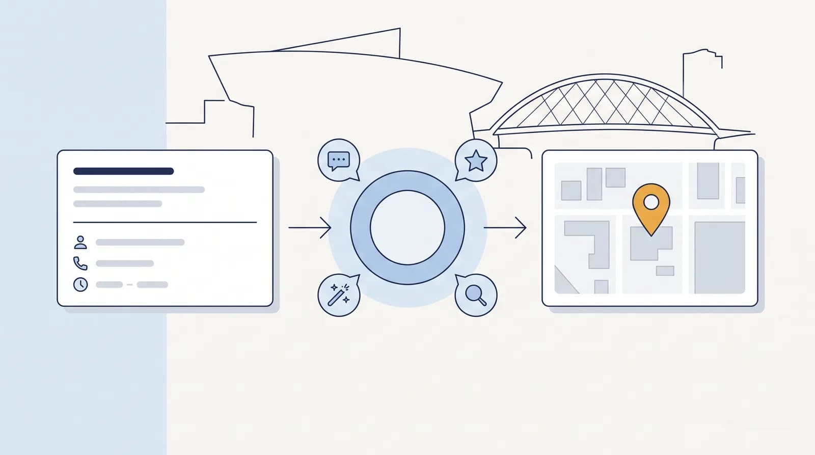Illustrated local-search flow from a business listing to an AI search node to a Map Pack result pin, with a faint Salford landmark silhouette behind
