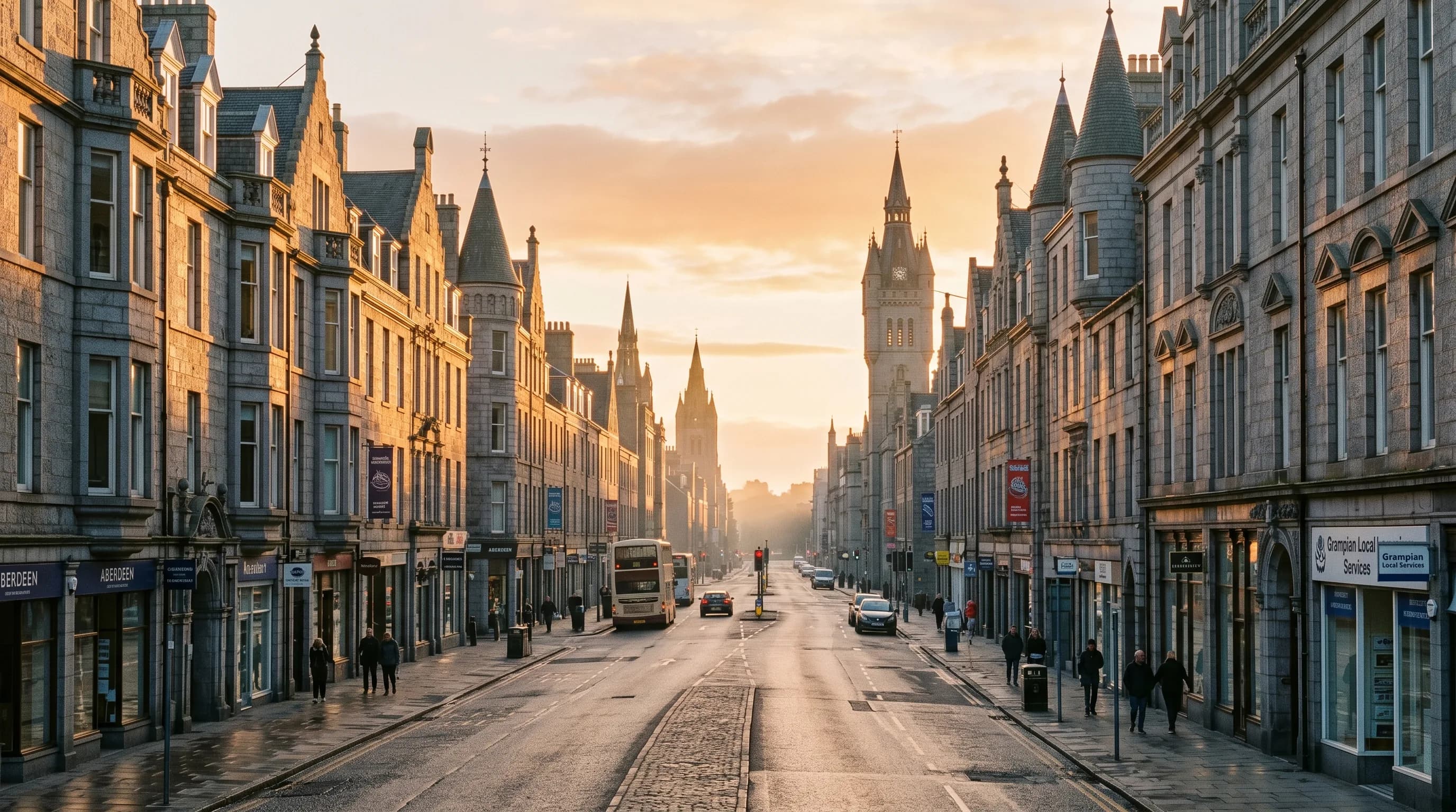 Local SEO services in Aberdeen: golden-hour granite buildings along Union Street at sunrise