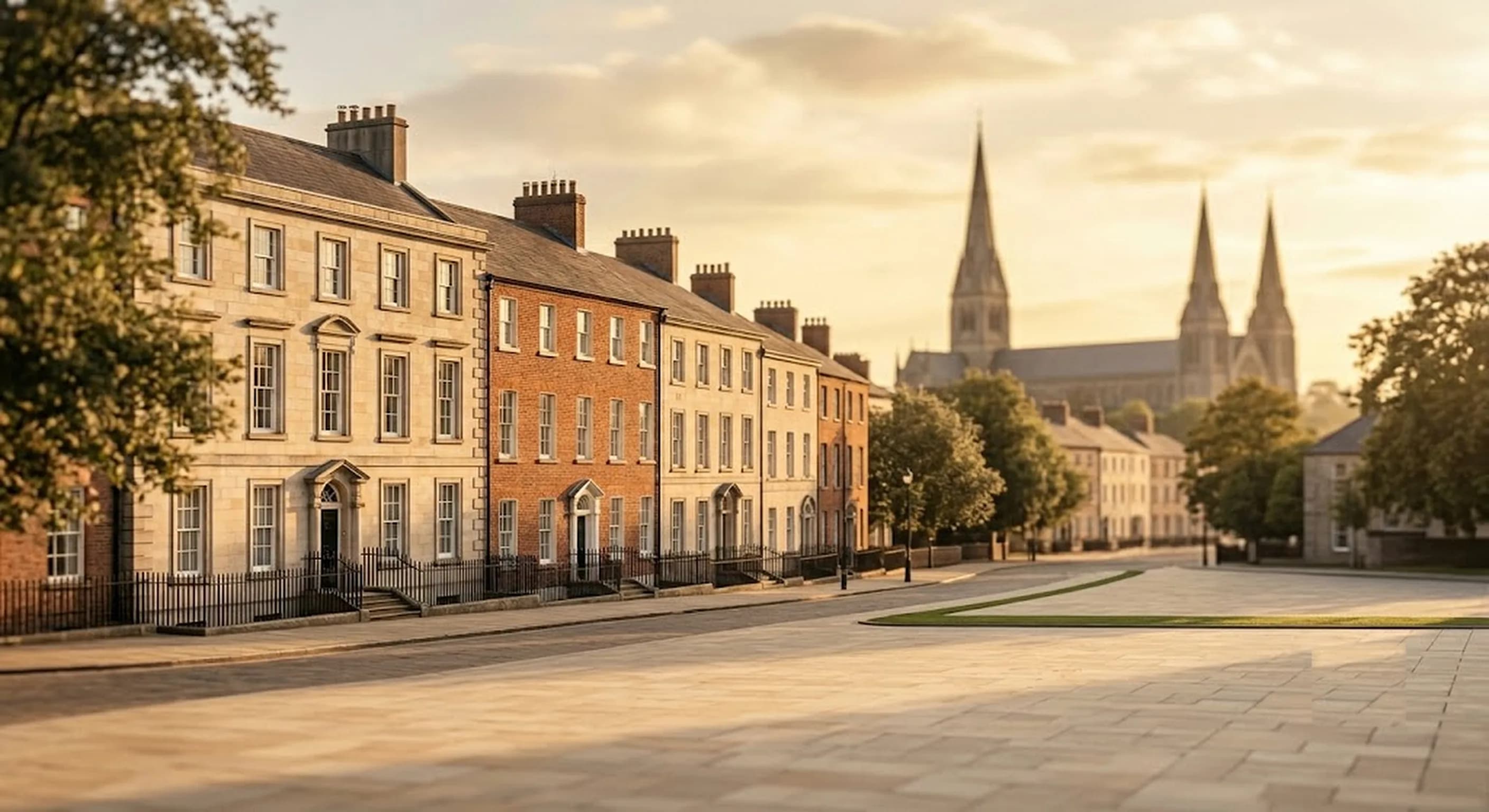 Local SEO services in Armagh: golden-hour Georgian streets and cathedral spires at sunrise
