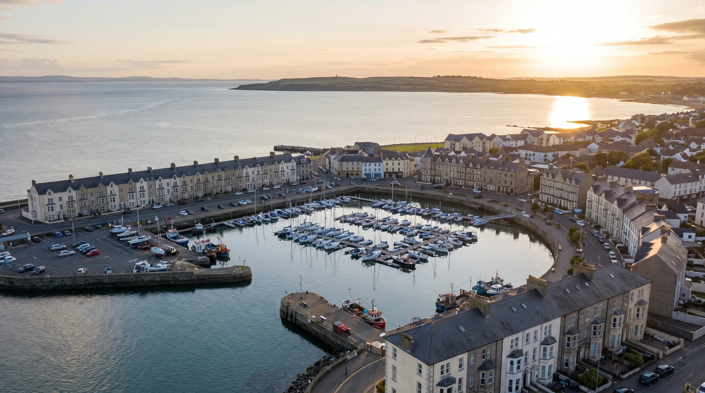 Local SEO services in Bangor, County Down: golden-hour view over the marina and Belfast Lough at sunrise