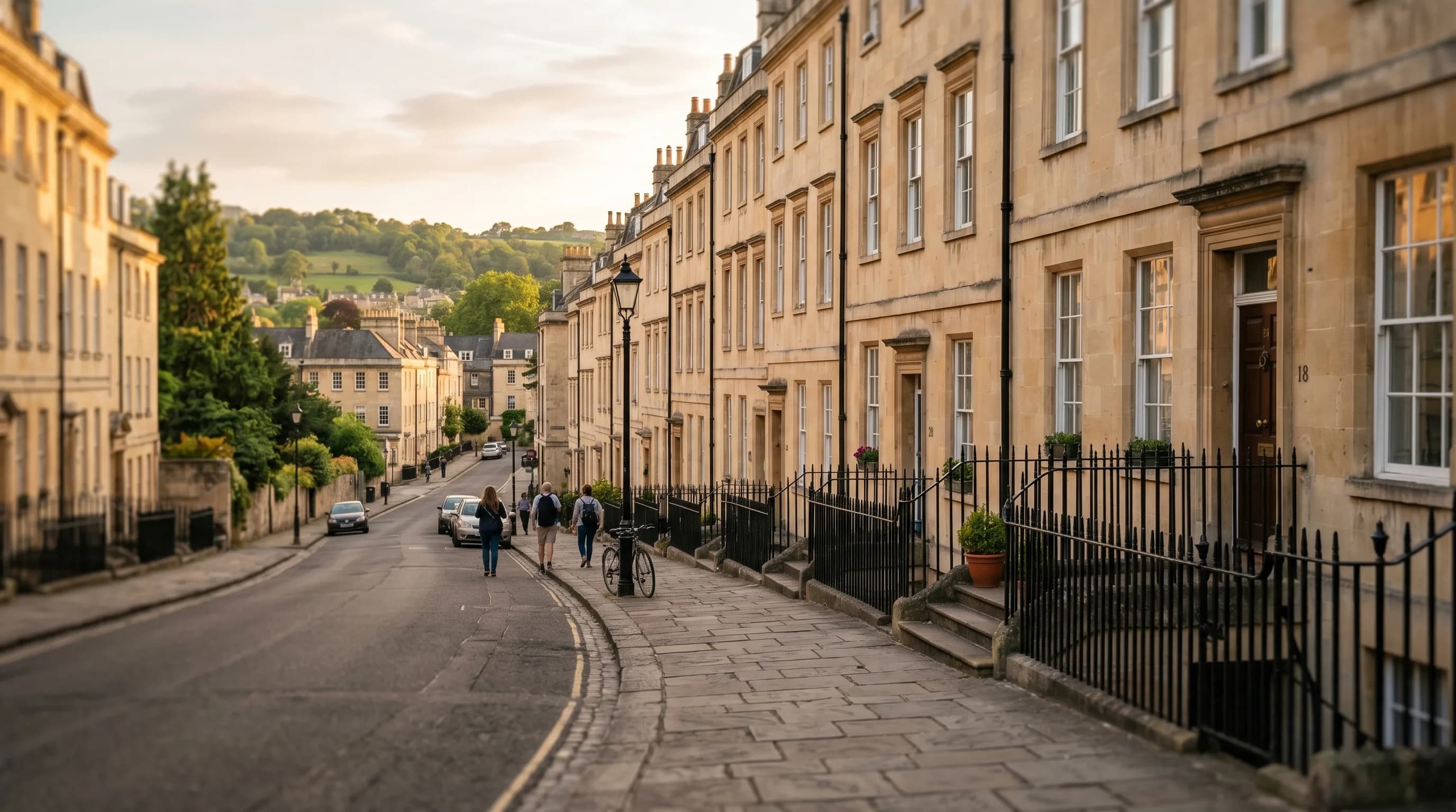 Local SEO services in Bath: honey-coloured Georgian terraced houses and independent Bath stone shopfronts at golden hour