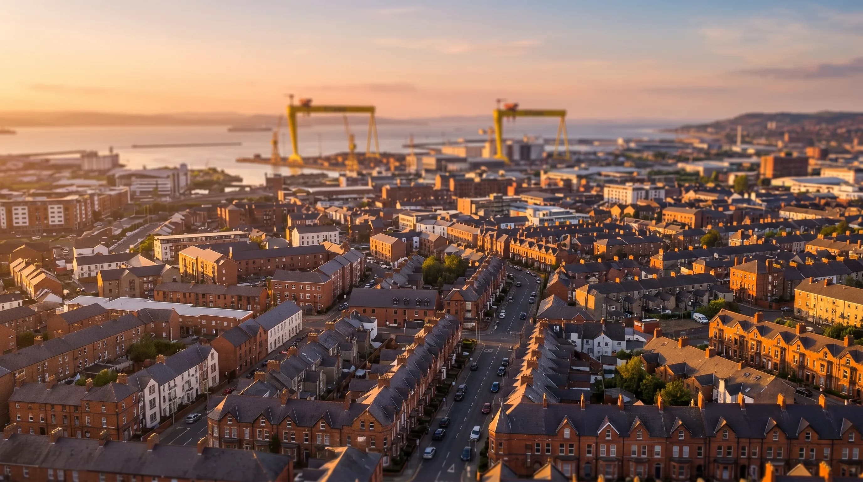 Local SEO services in Belfast: golden-hour view across the city toward the Titanic Quarter cranes at sunrise