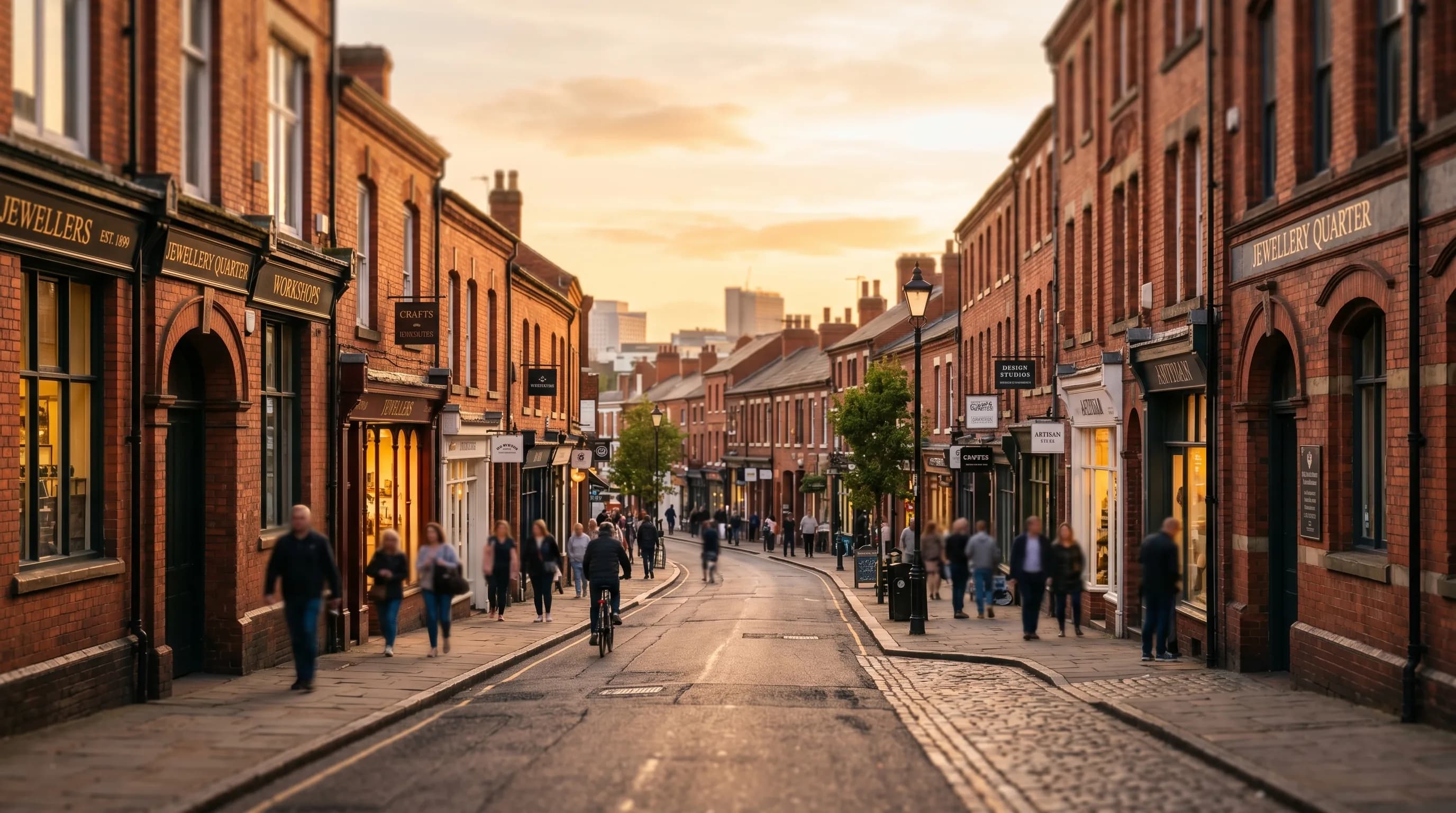 Local SEO services in Birmingham: Victorian red-brick Jewellery Quarter streetscape at sunrise