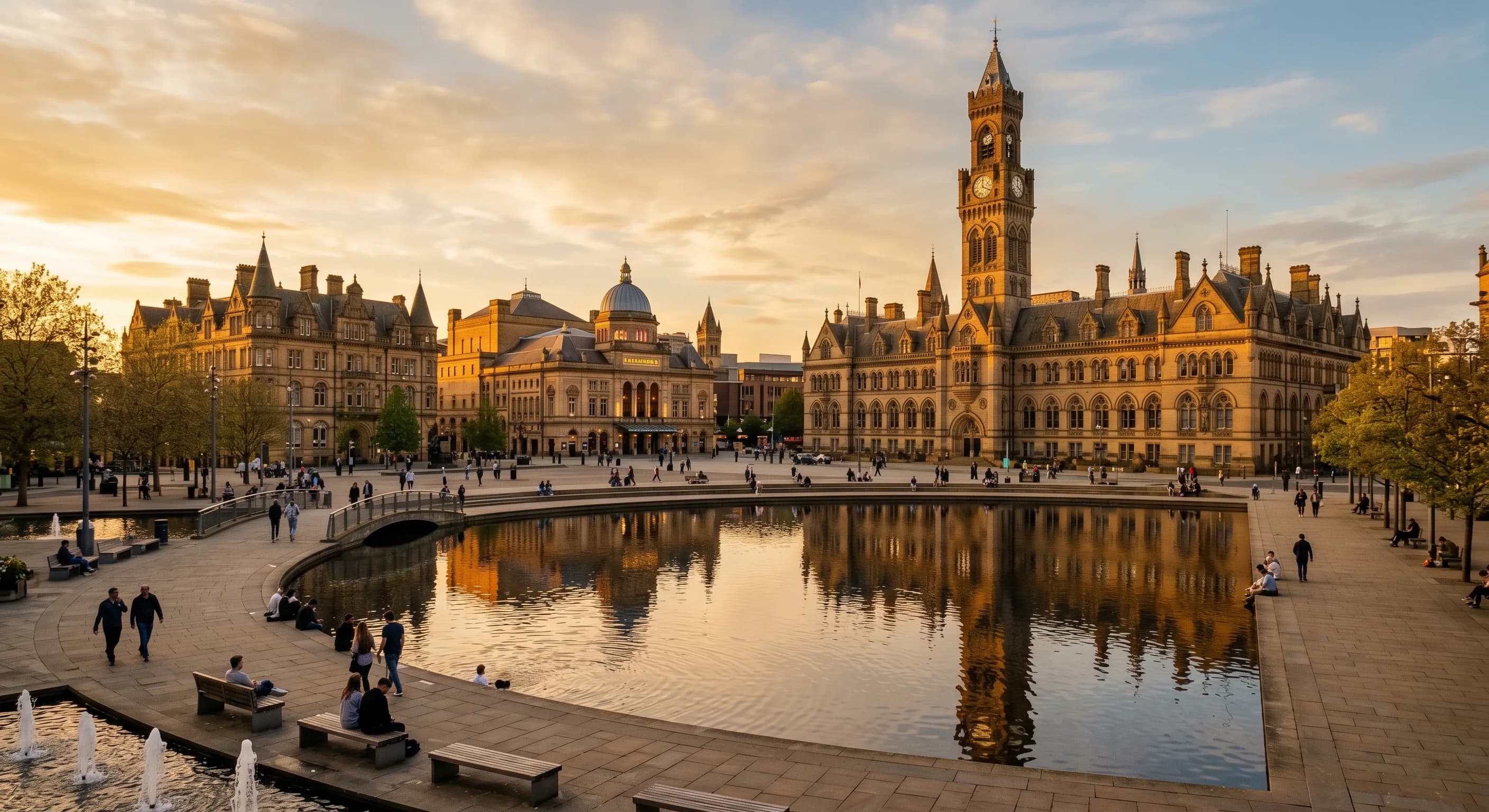 Local SEO services in Bradford: golden-hour view of City Park and Victorian stone buildings at sunrise