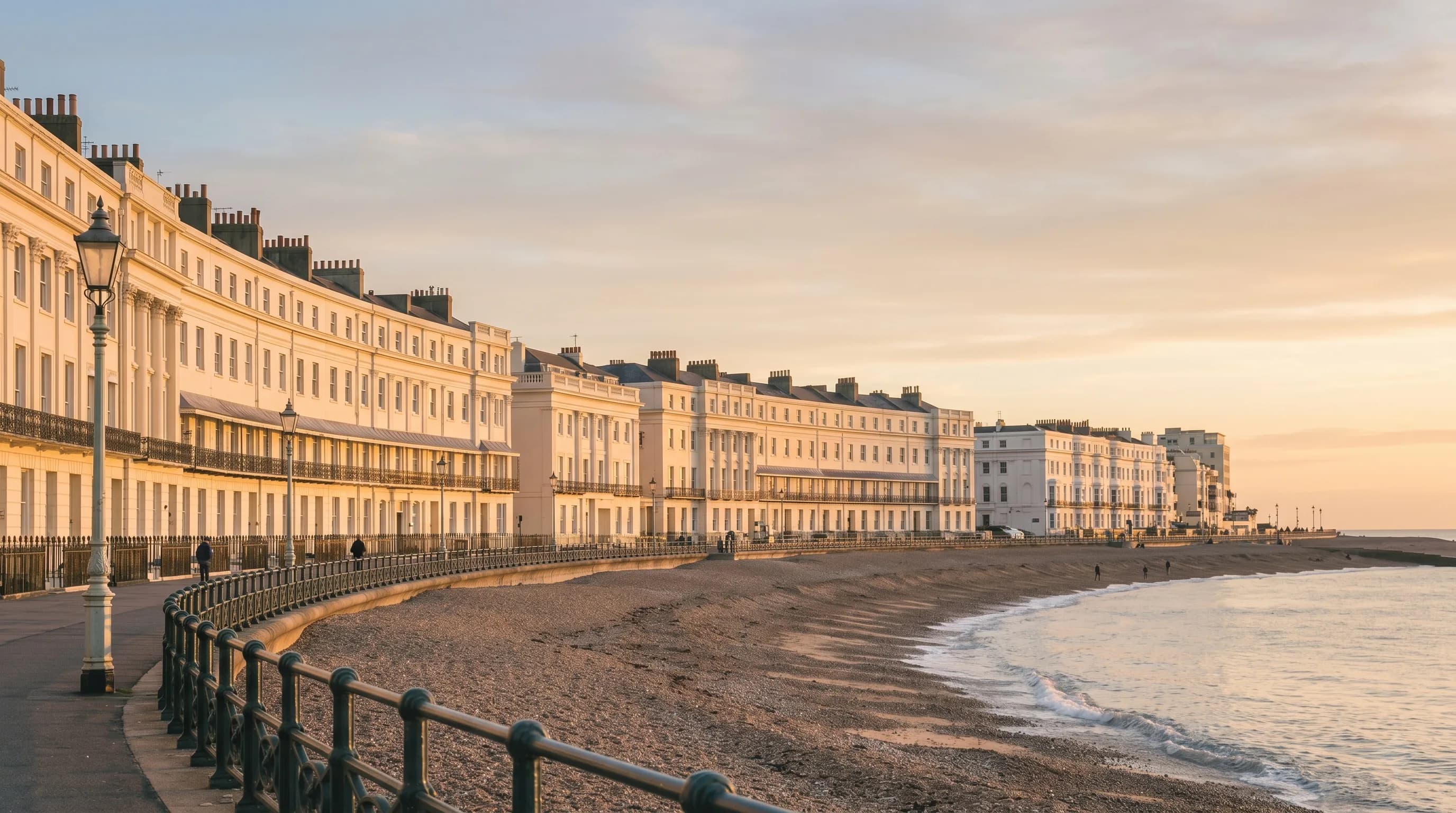 Local SEO services in Brighton and Hove: golden-hour seafront and Regency terraces at sunrise