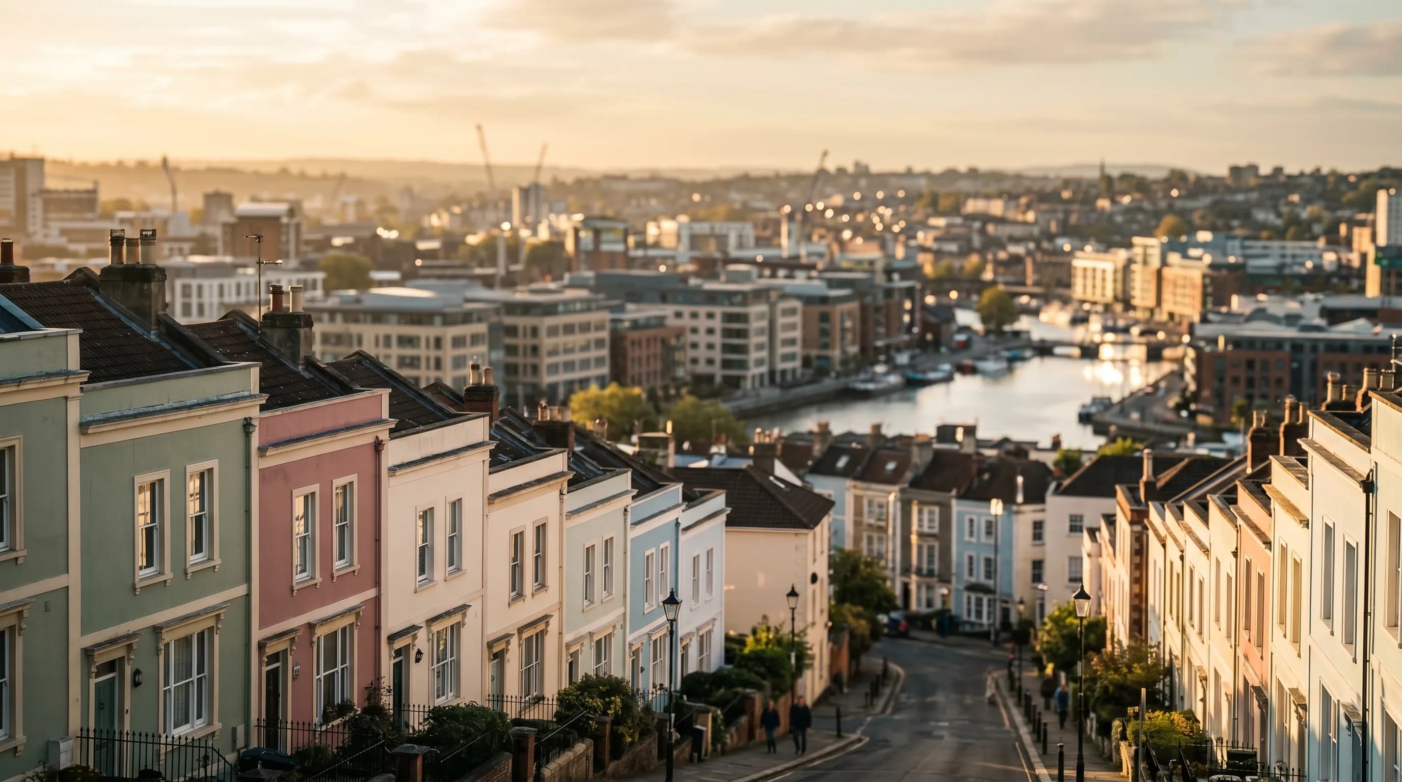 Local SEO services in Bristol: pastel Georgian terraced houses on a hillside above Bristol harbourside at sunrise