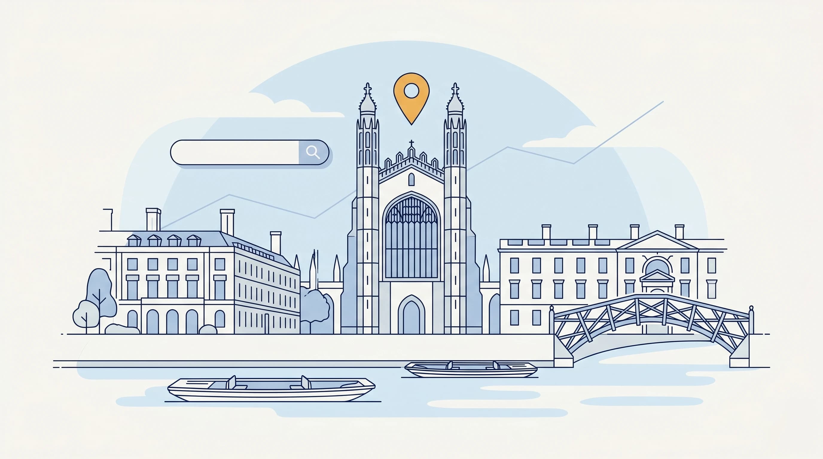 Illustrated Cambridge scene with King's College Chapel, punts on the River Cam and a local search map pin