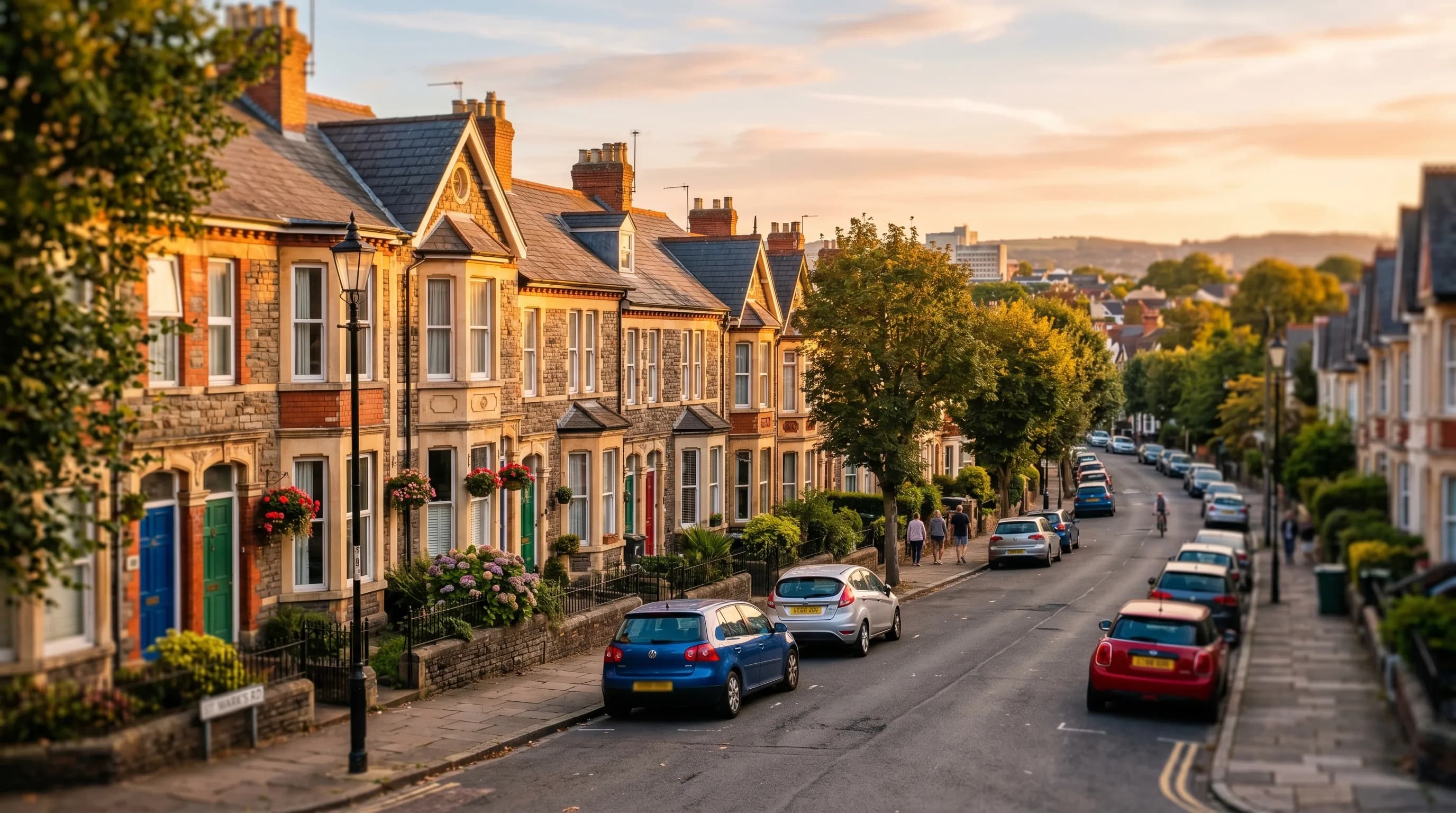 Local SEO services in Cardiff: Victorian terraced houses in a Welsh capital neighbourhood at sunrise
