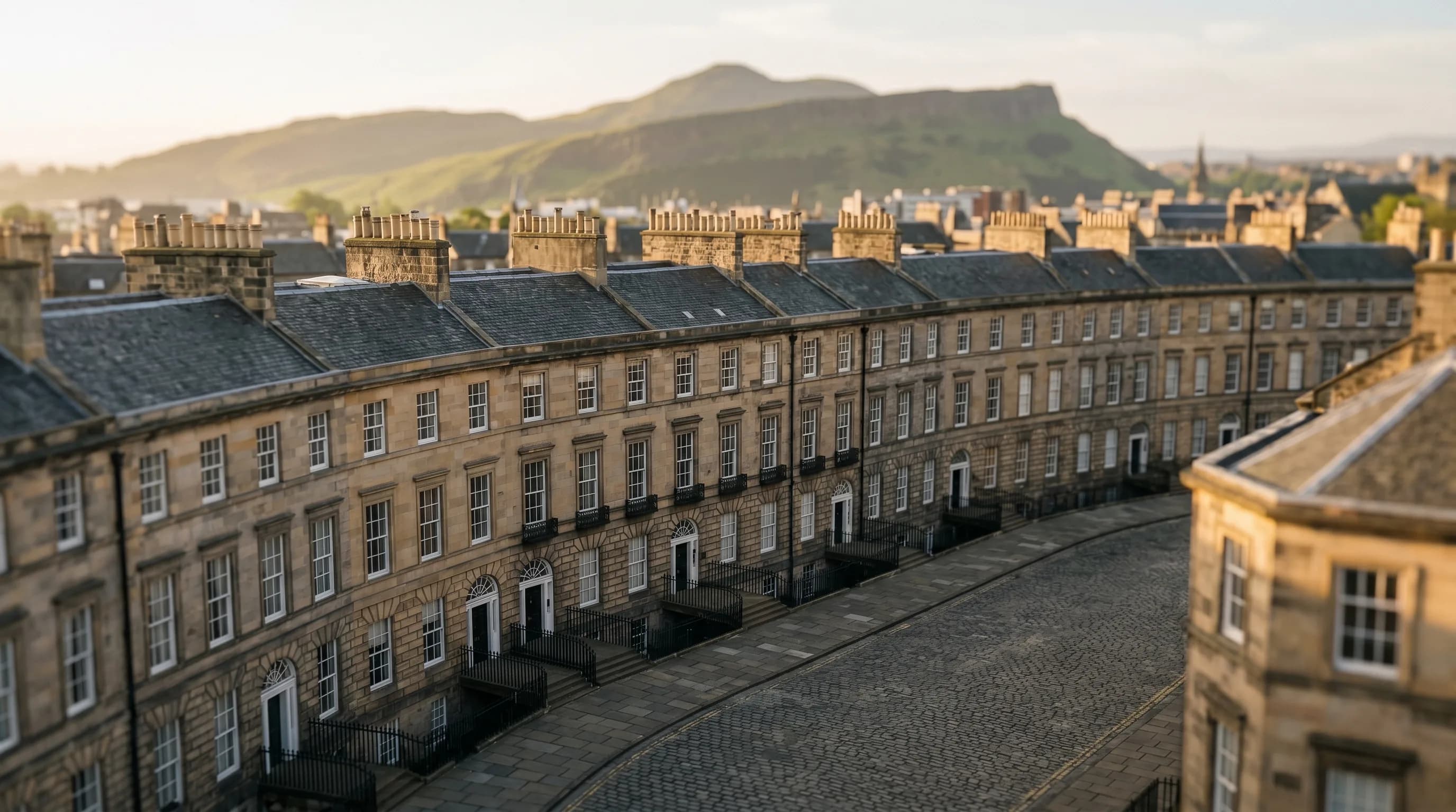 Local SEO services in Edinburgh: golden-hour New Town Georgian terraces above the city at sunrise