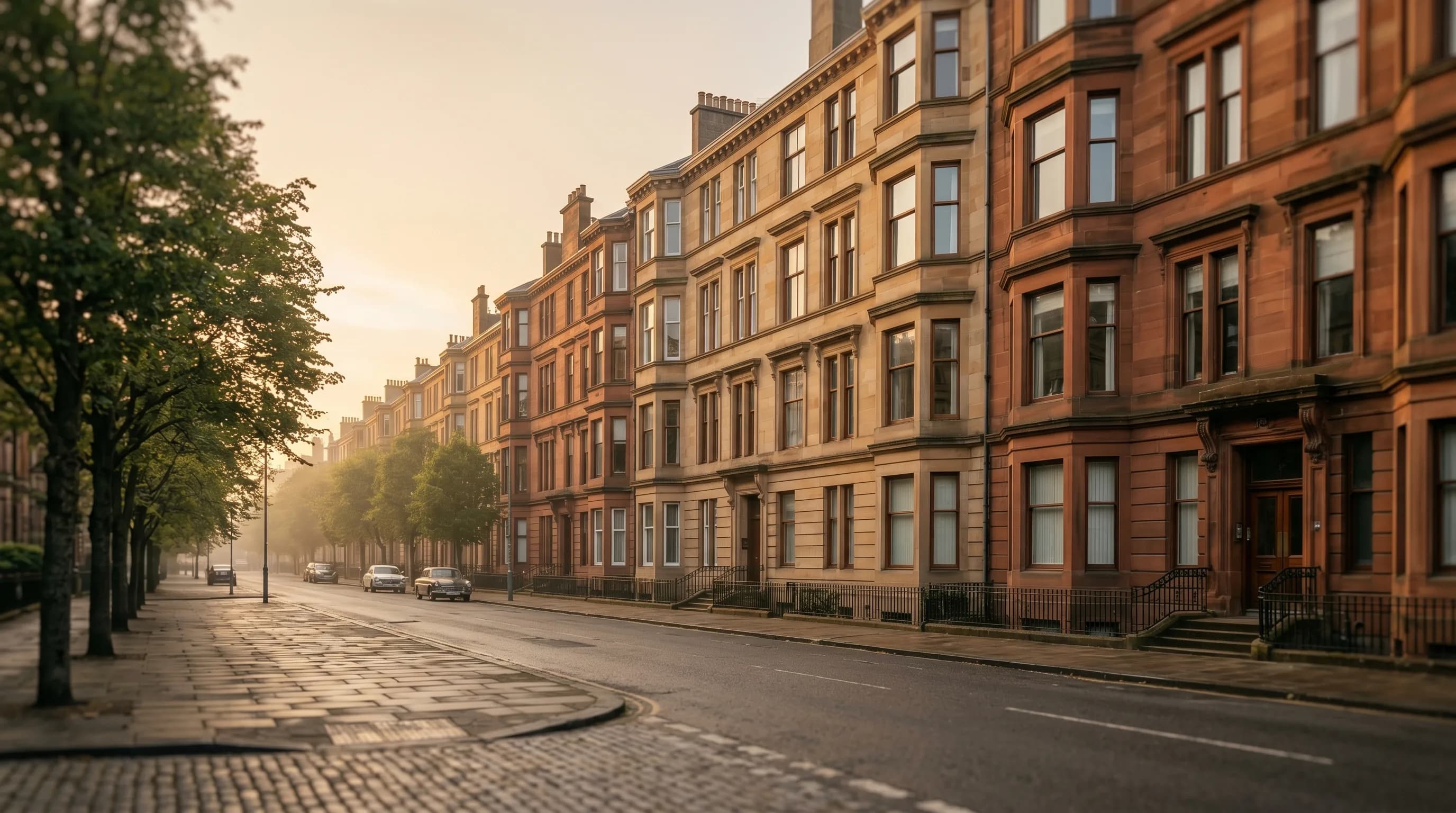 Local SEO services in Glasgow: golden-hour red-sandstone West End tenements at sunrise