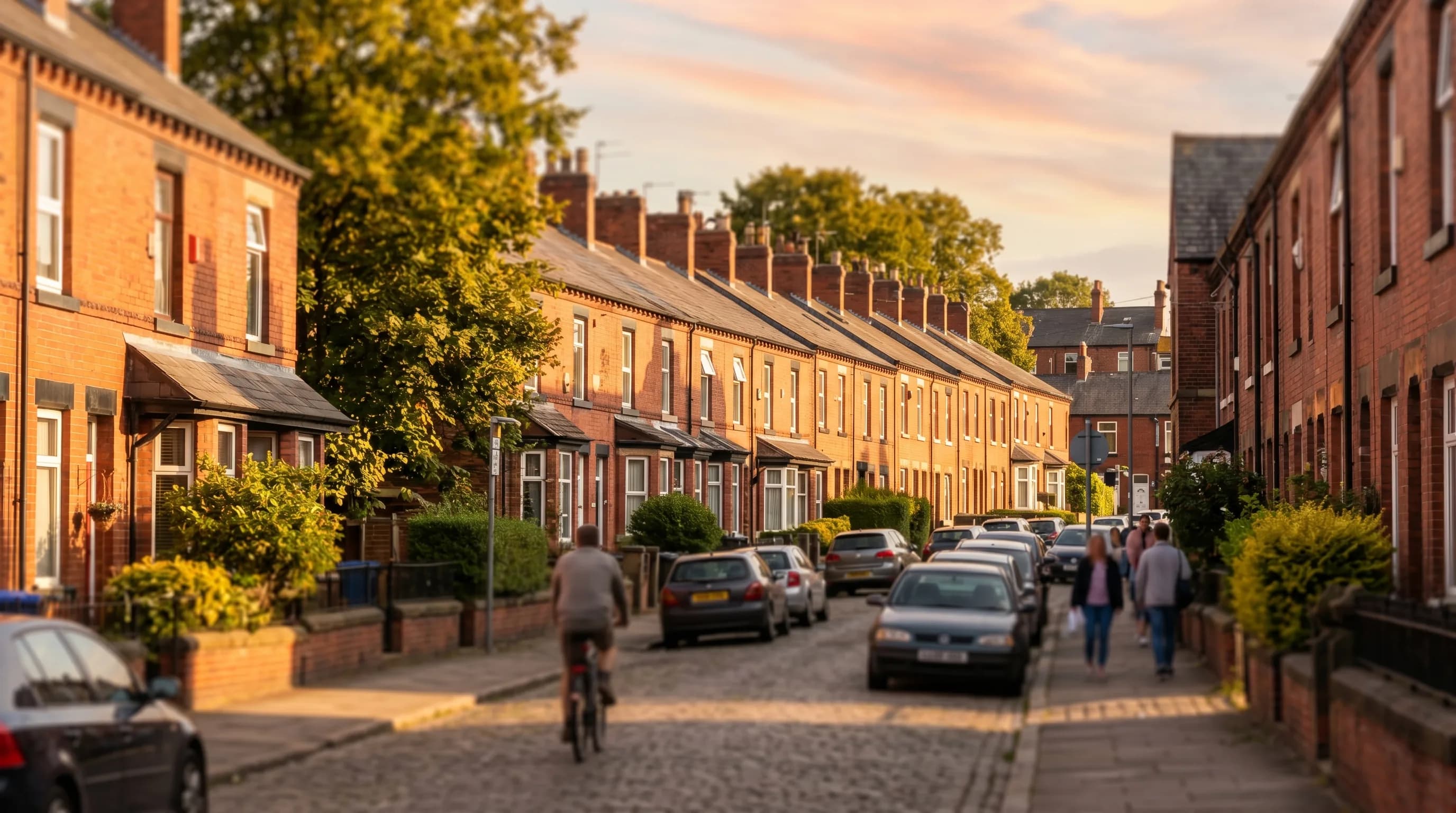 Local SEO services in Leeds: red-brick Victorian terraces of Headingley at golden hour, independent local high streets of West Yorkshire
