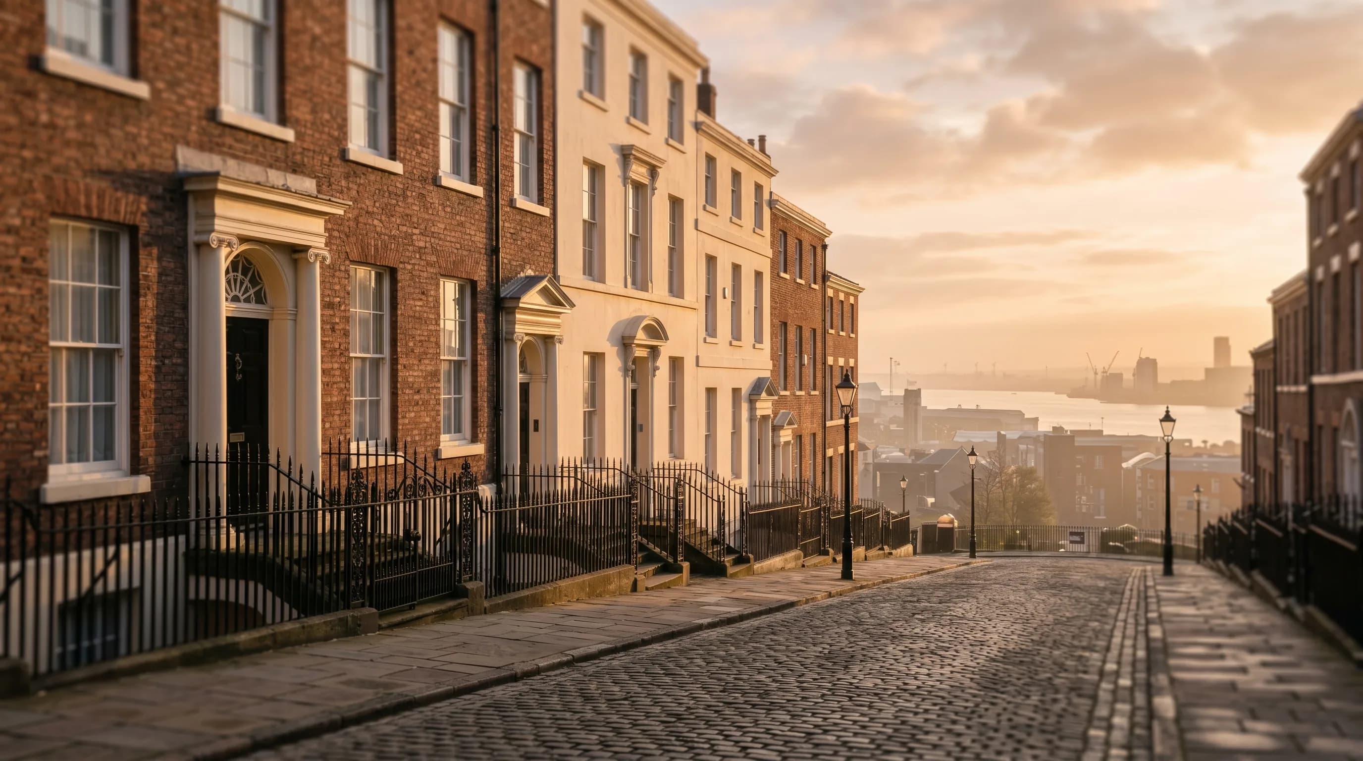 Local SEO services in Liverpool: golden-hour Georgian Quarter terraces and waterfront skyline at sunrise
