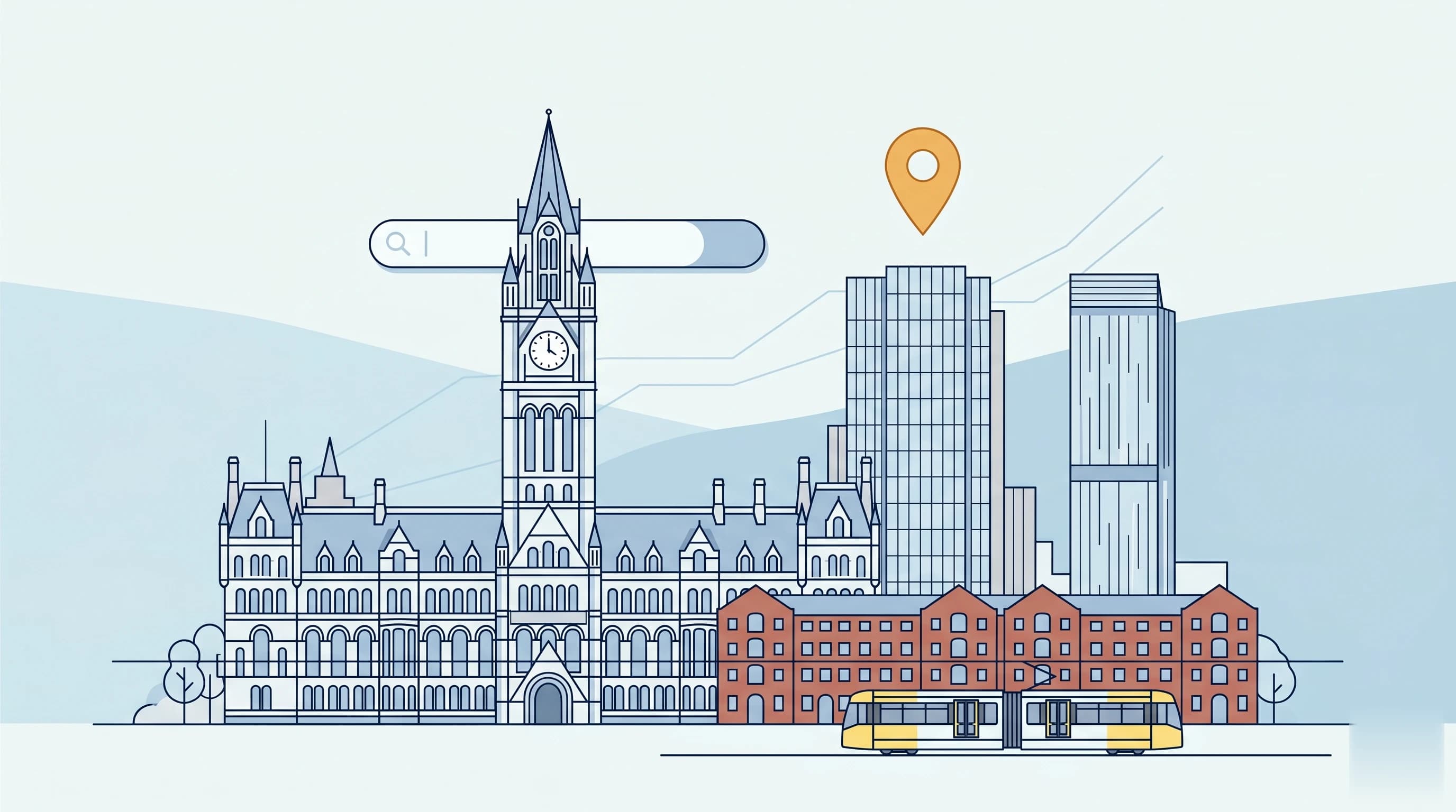 Illustrated Manchester skyline with the Town Hall clock tower, glass towers, a Metrolink tram and a local search map pin