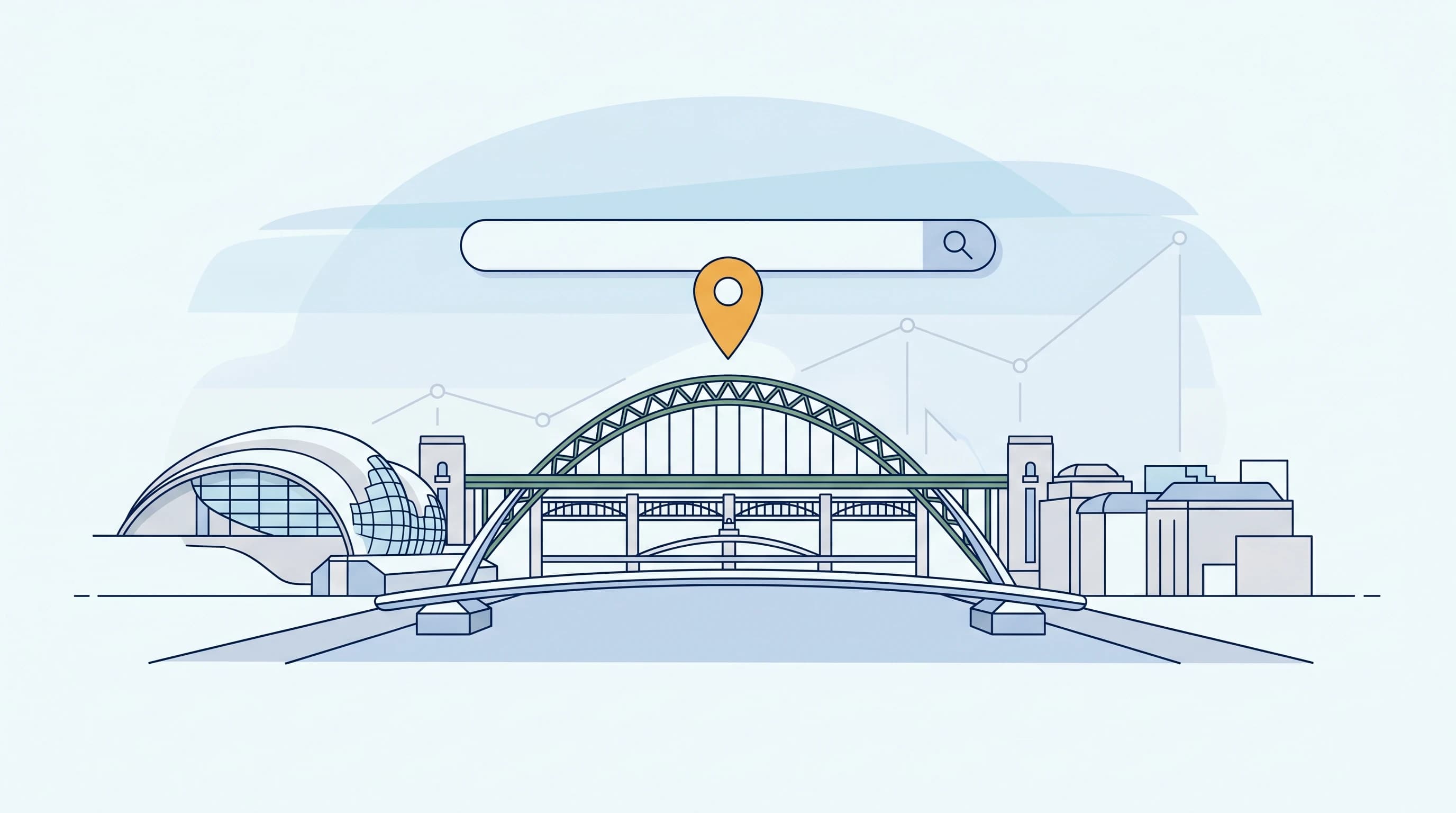 Illustrated Newcastle Quayside skyline with the Tyne Bridge, Gateshead Millennium Bridge, the Sage and a local search map pin