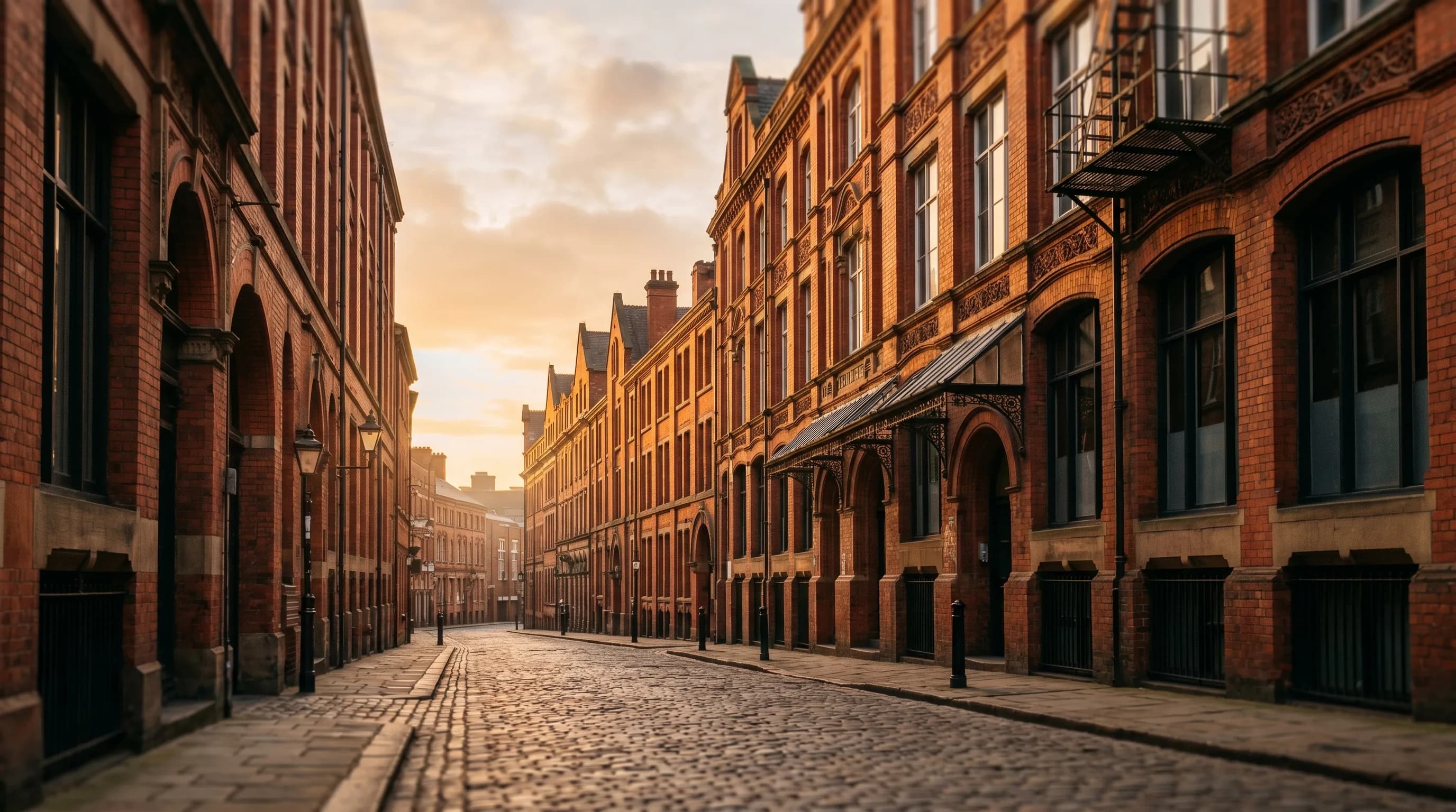 Local SEO services in Nottingham: golden-hour red-brick Lace Market streets at sunrise