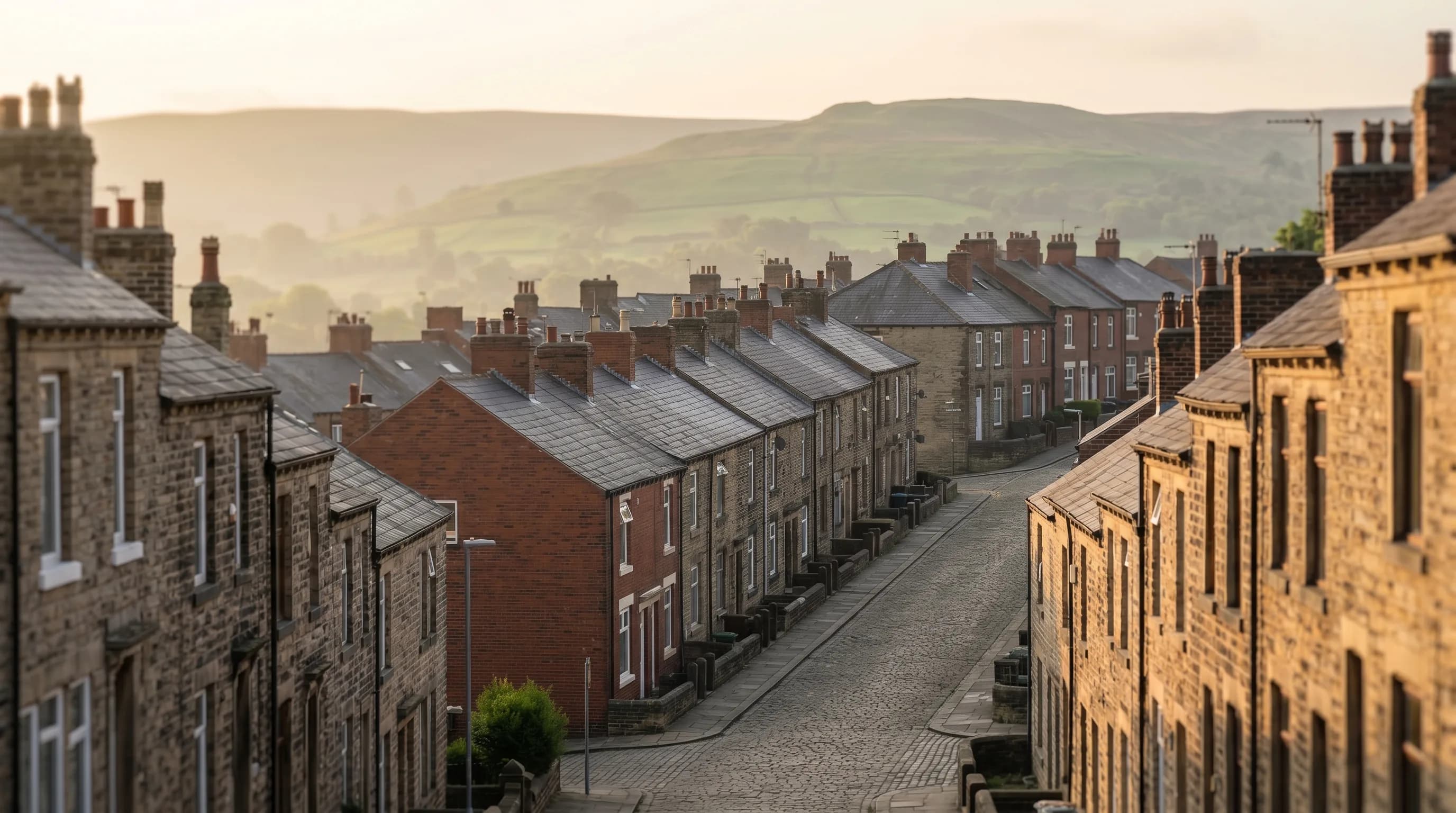 Local SEO services in Sheffield: golden-hour terraced streets rising toward the Peak District at sunrise