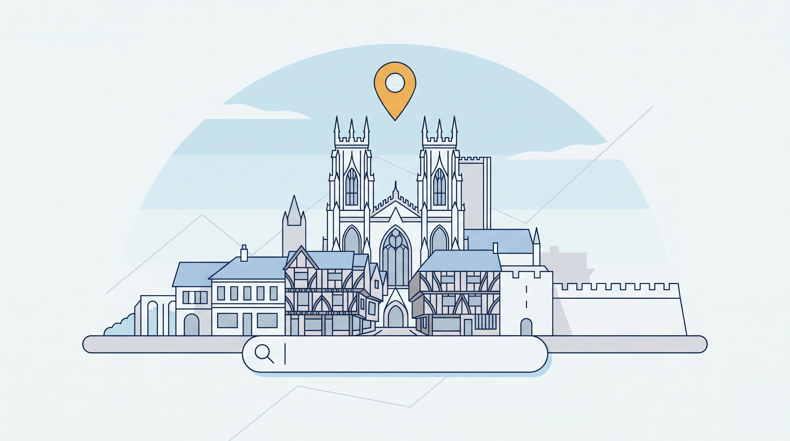 Illustrated York skyline with York Minster, the timber-framed Shambles, the city walls and a local search map pin