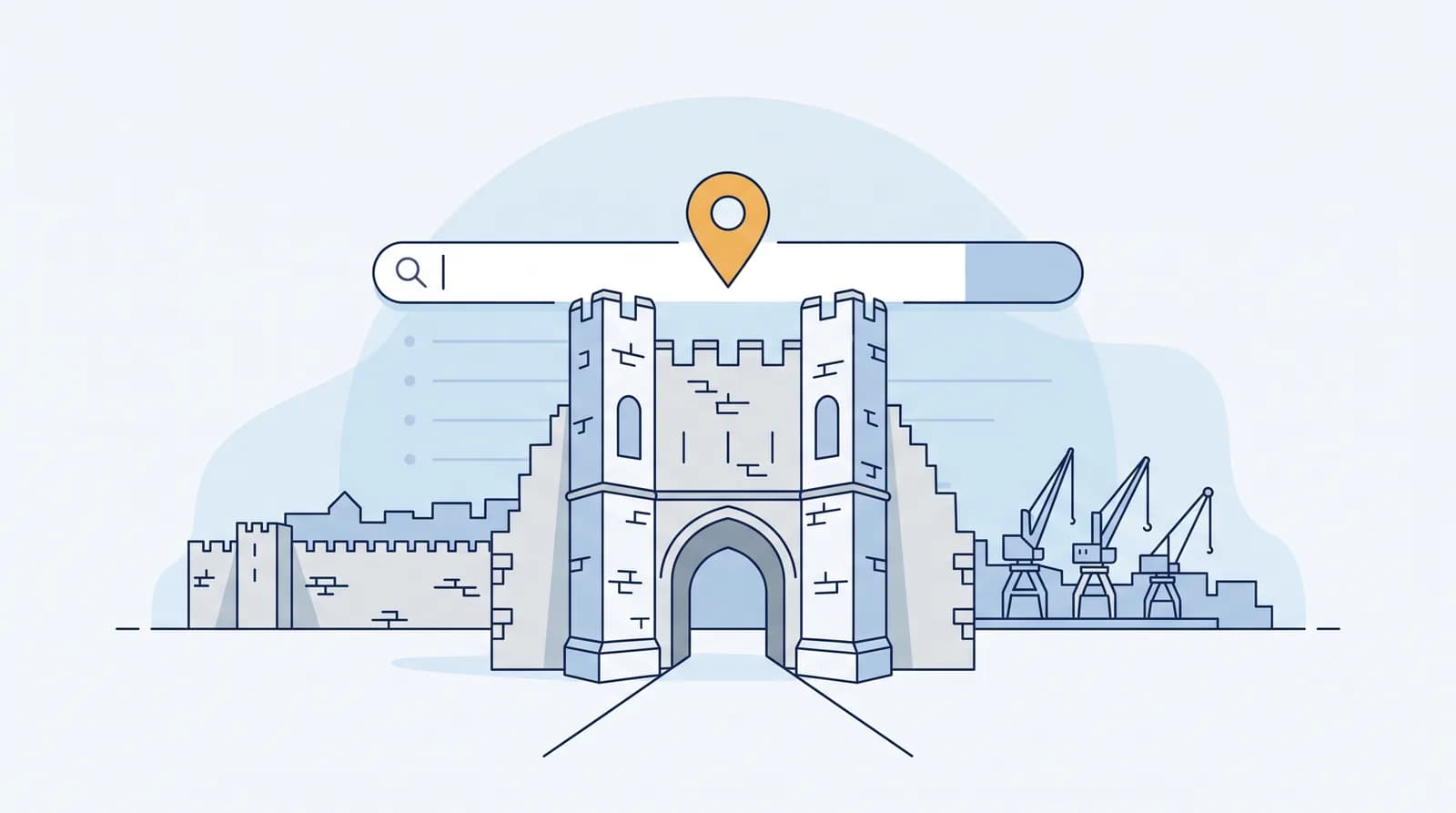Illustrated Southampton skyline with the Bargate, old town walls and a local search map pin