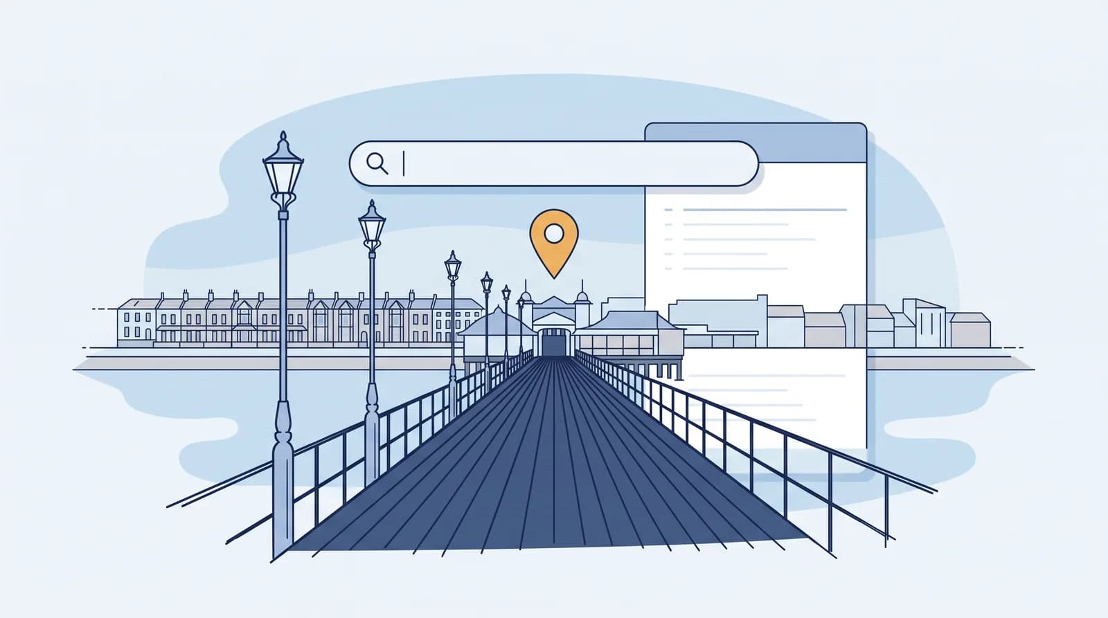 Illustrated Southend-on-Sea Pier skyline with local search map pin