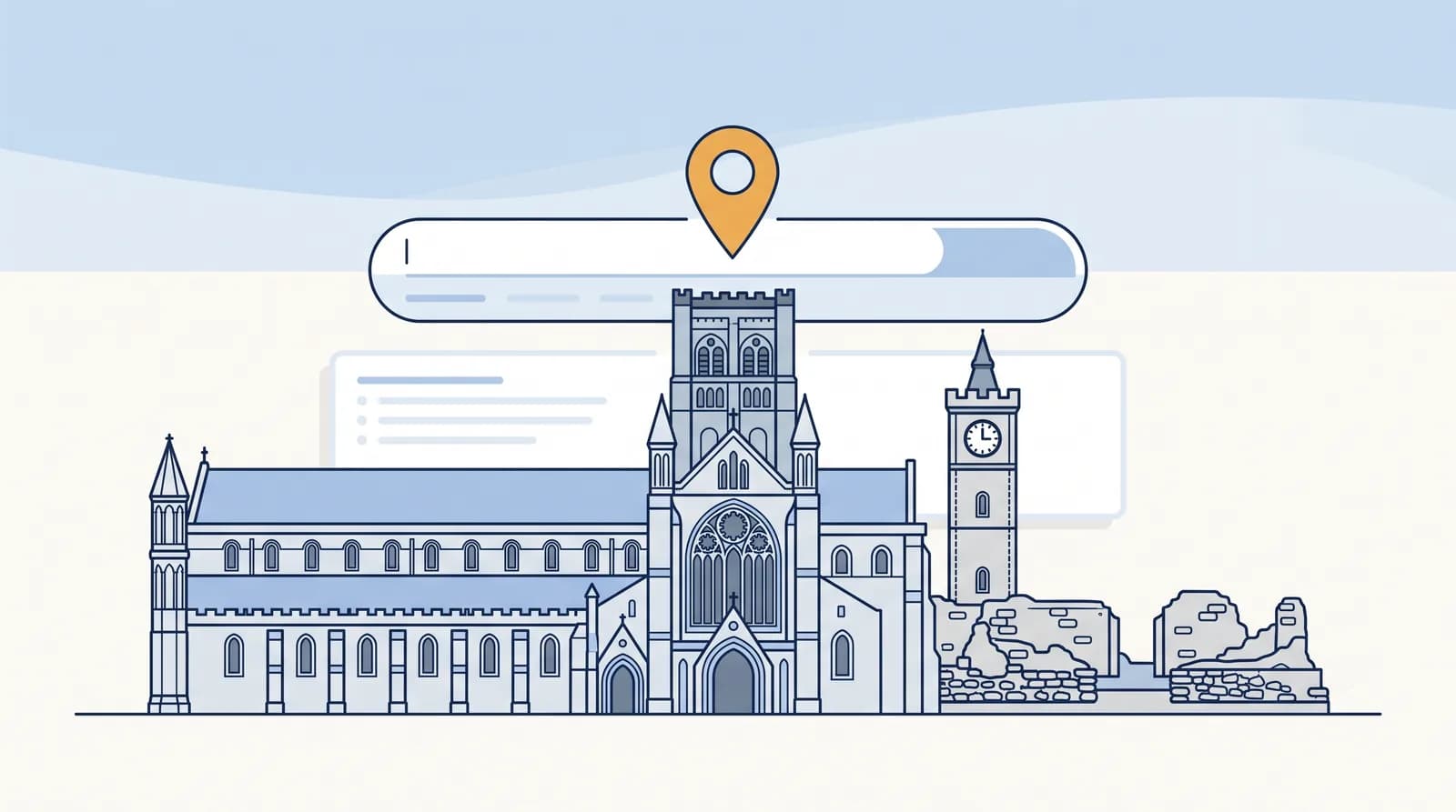 Illustrated St Albans Cathedral skyline with local search map pin