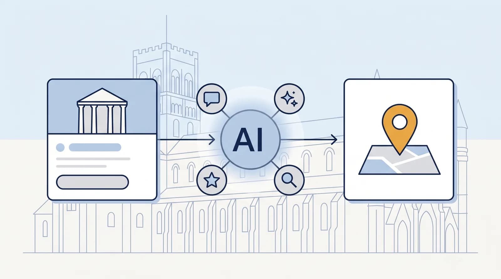 Illustrated local-search flow from a business listing to an AI search node to a Map Pack result pin, with a faint St Albans landmark silhouette behind