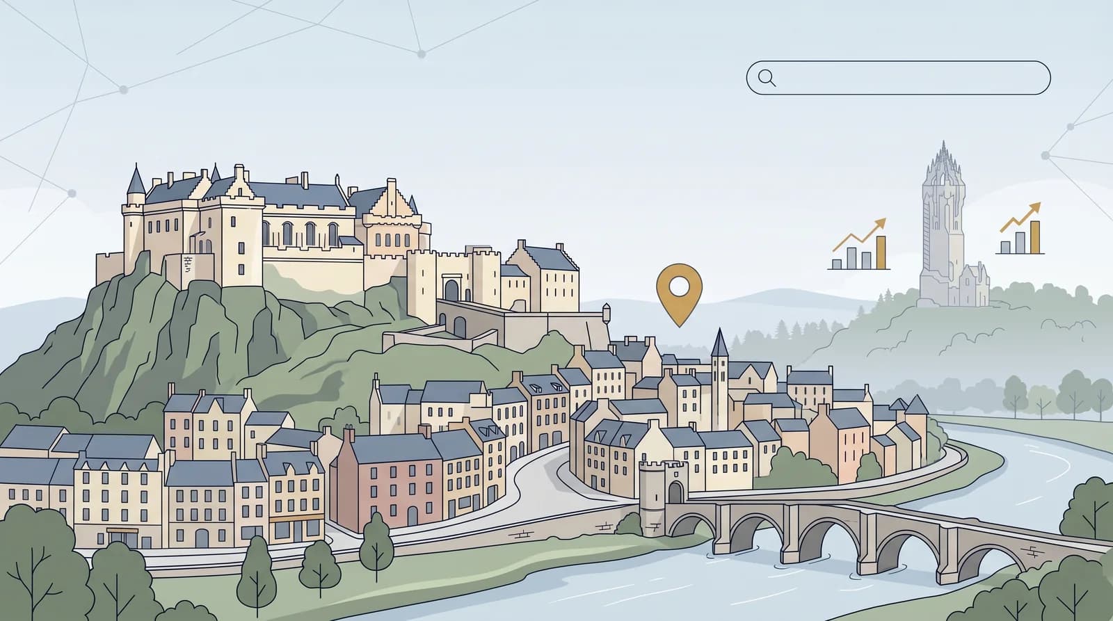 Illustrated Stirling Castle on its volcanic crag with a local search map pin