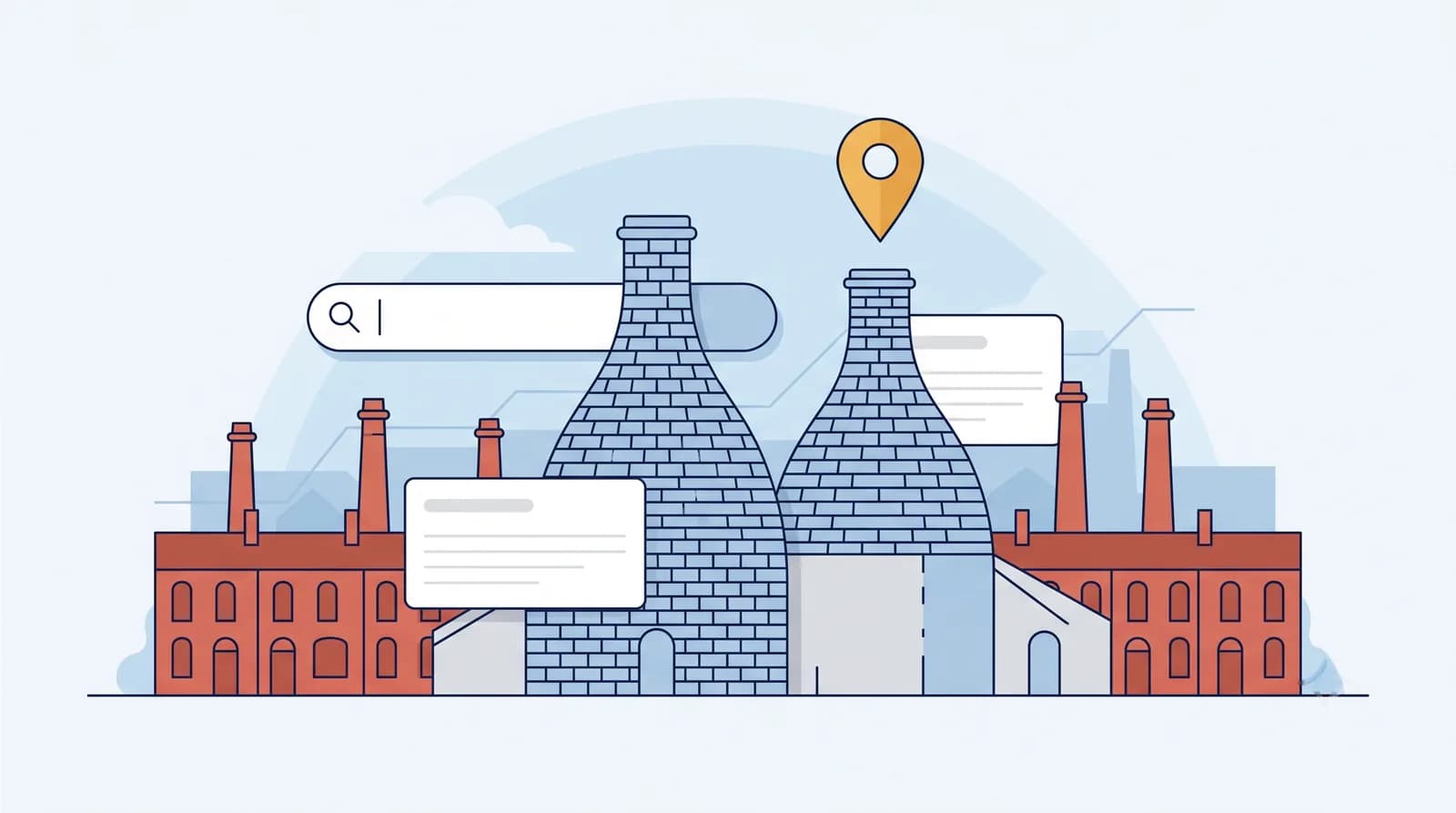 Illustrated Stoke-on-Trent pottery kilns with local search map pin