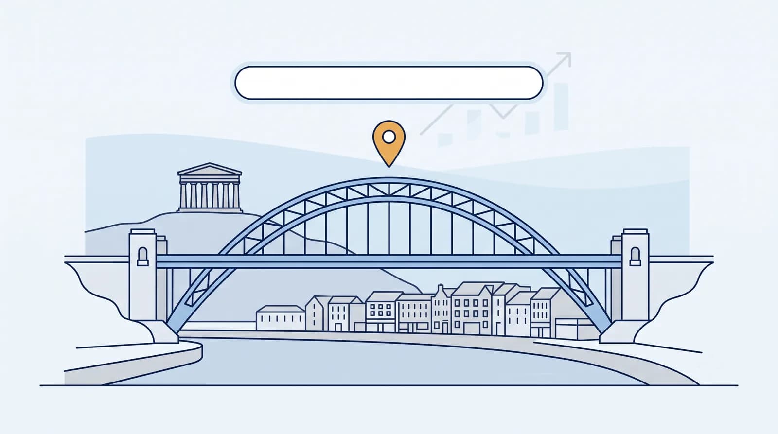 Illustrated Sunderland skyline with Wearmouth Bridge and a local search map pin
