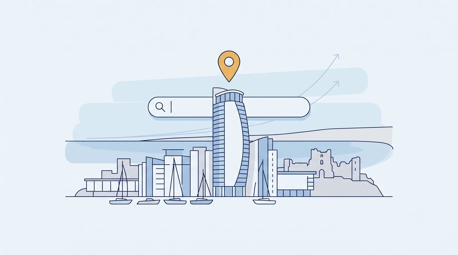 Illustrated Swansea marina with Meridian Tower and local search map pin