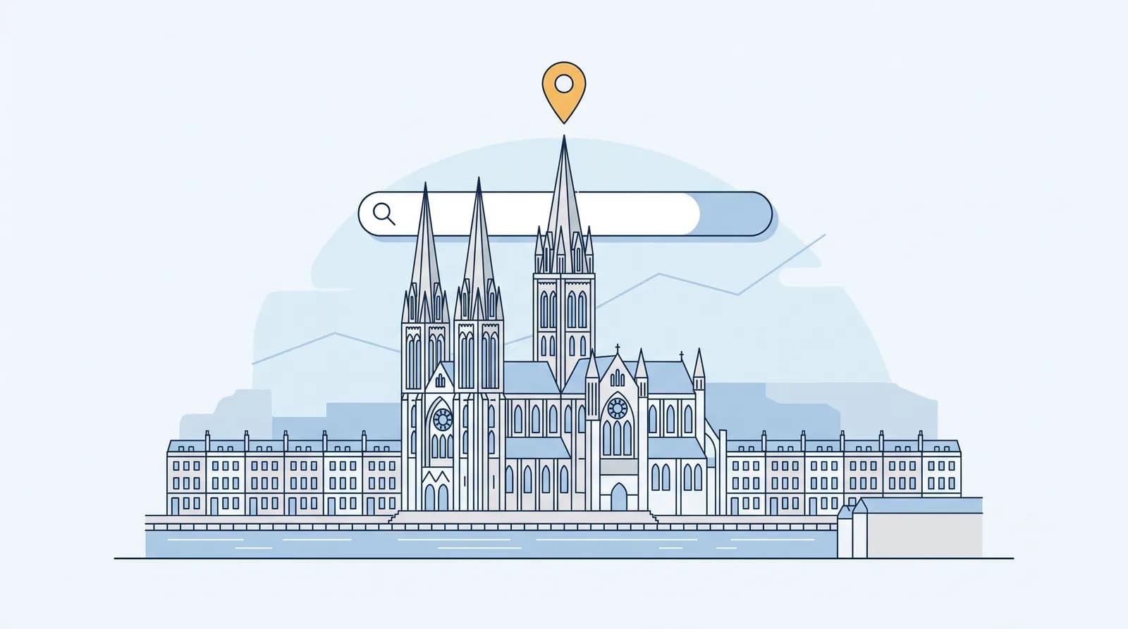 Illustrated Truro Cathedral skyline with a local search map pin