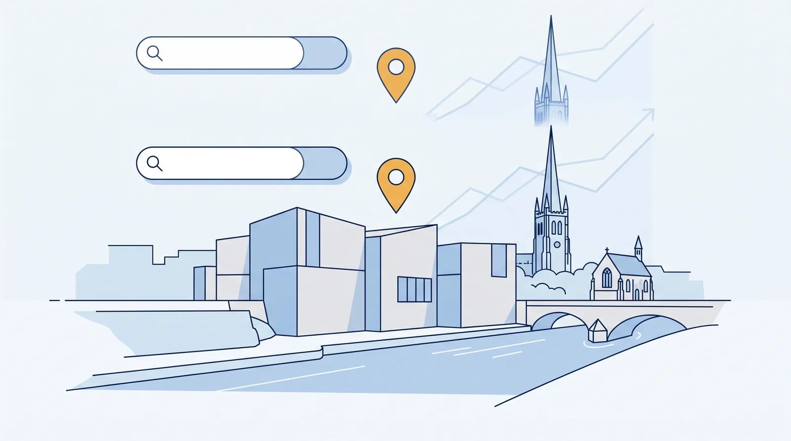 Illustrated Wakefield skyline with the Hepworth Gallery, cathedral spire and local search map pin