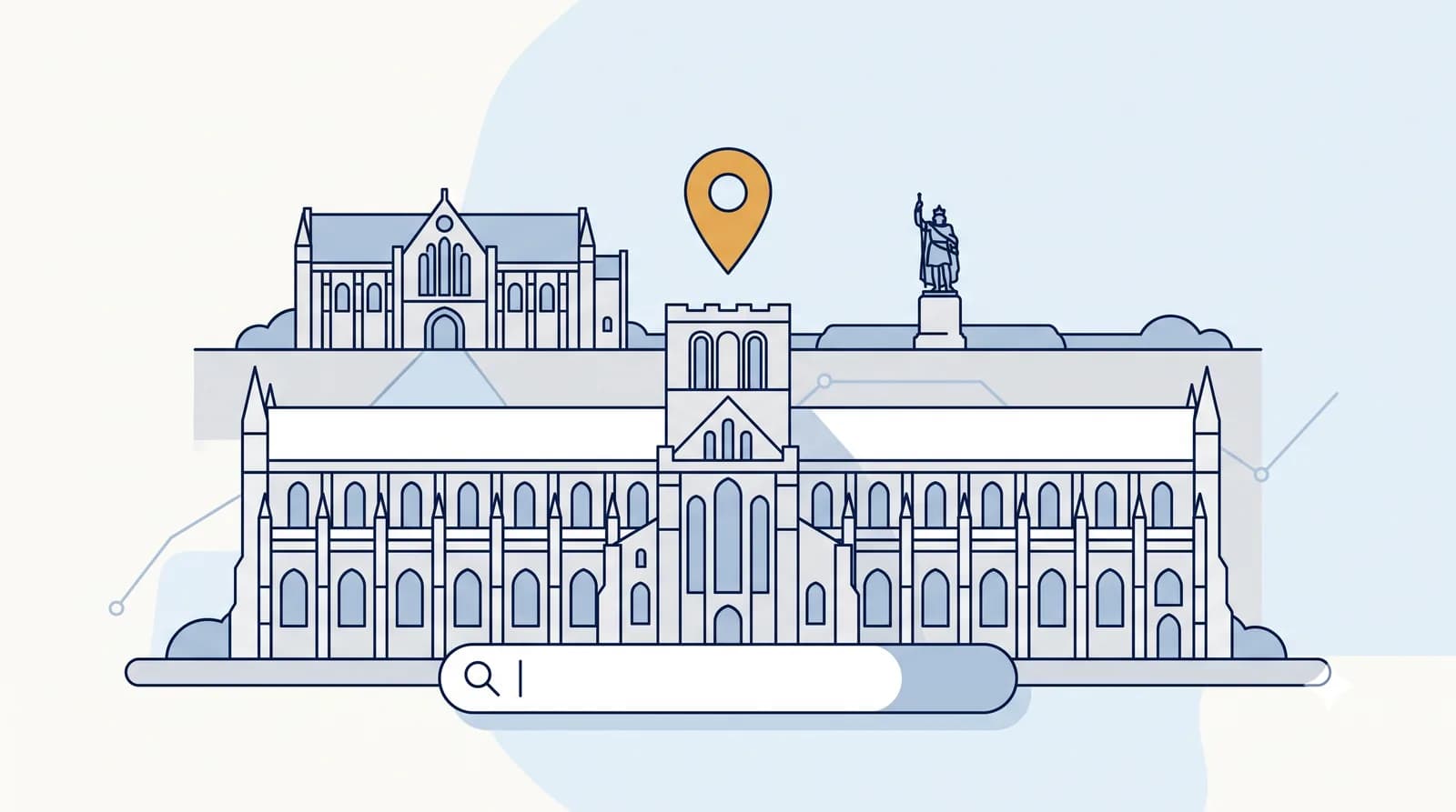Illustrated Winchester Cathedral skyline with a local search map pin