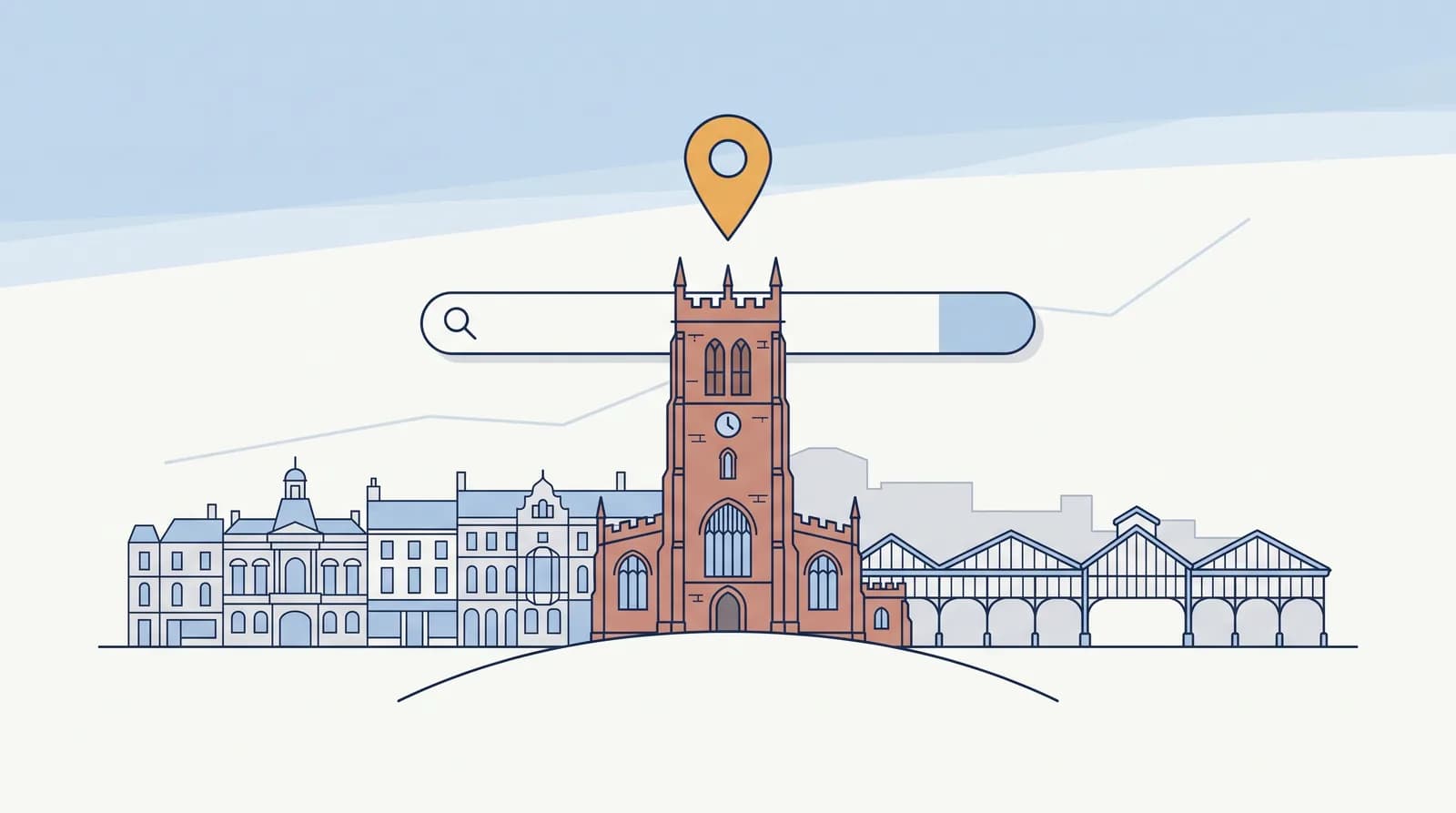 Illustrated Wolverhampton skyline with St Peter's Collegiate Church and a local search map pin