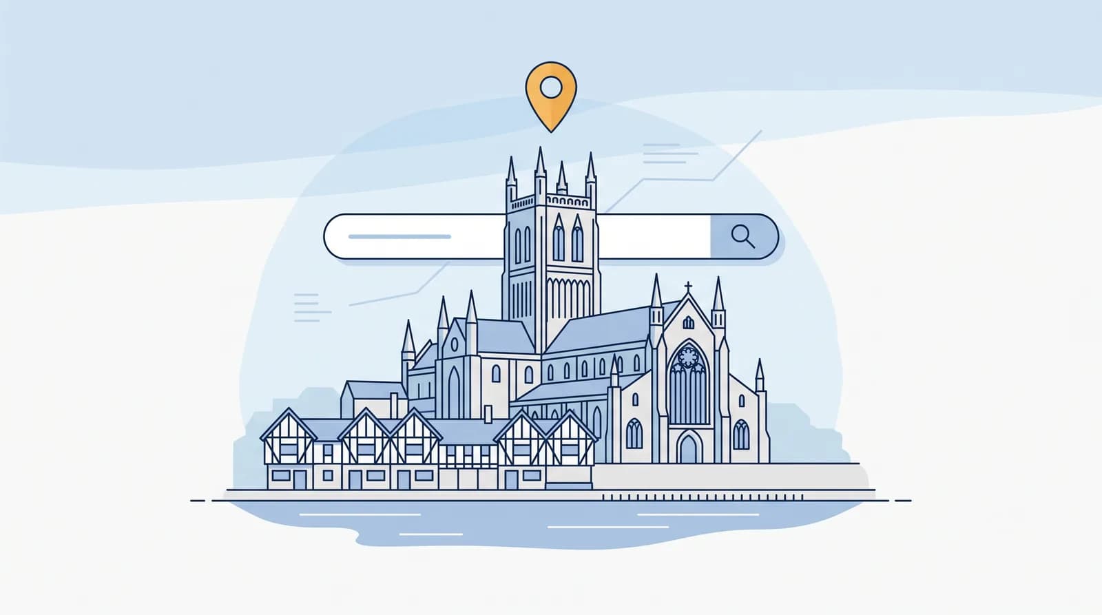 Illustrated Worcester Cathedral on the River Severn with an amber map pin and local search bar