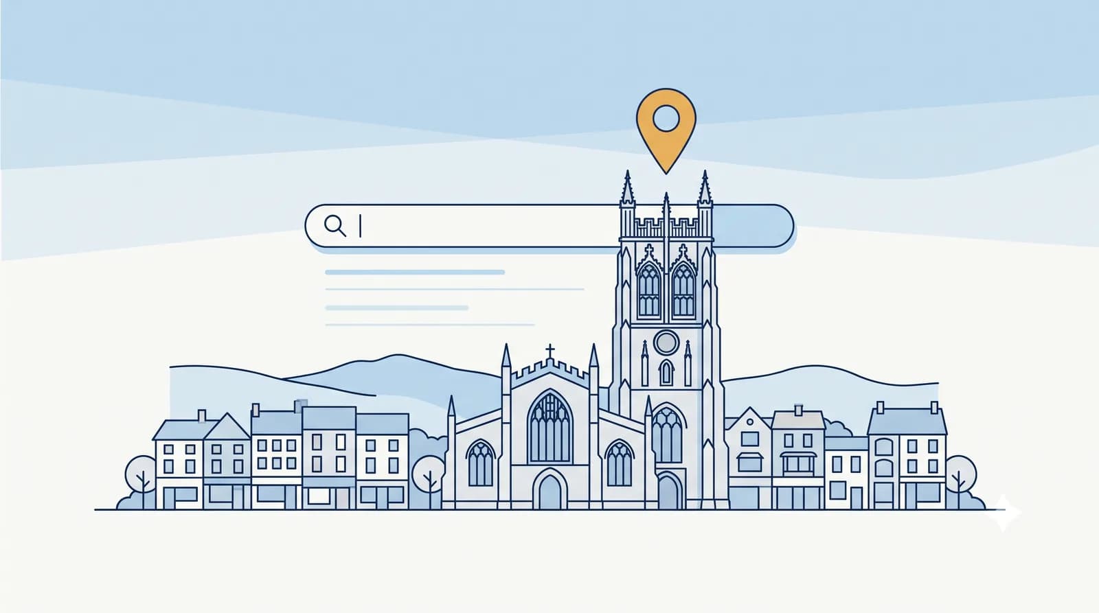 Illustrated Wrexham skyline with St Giles' Church tower and a local search map pin
